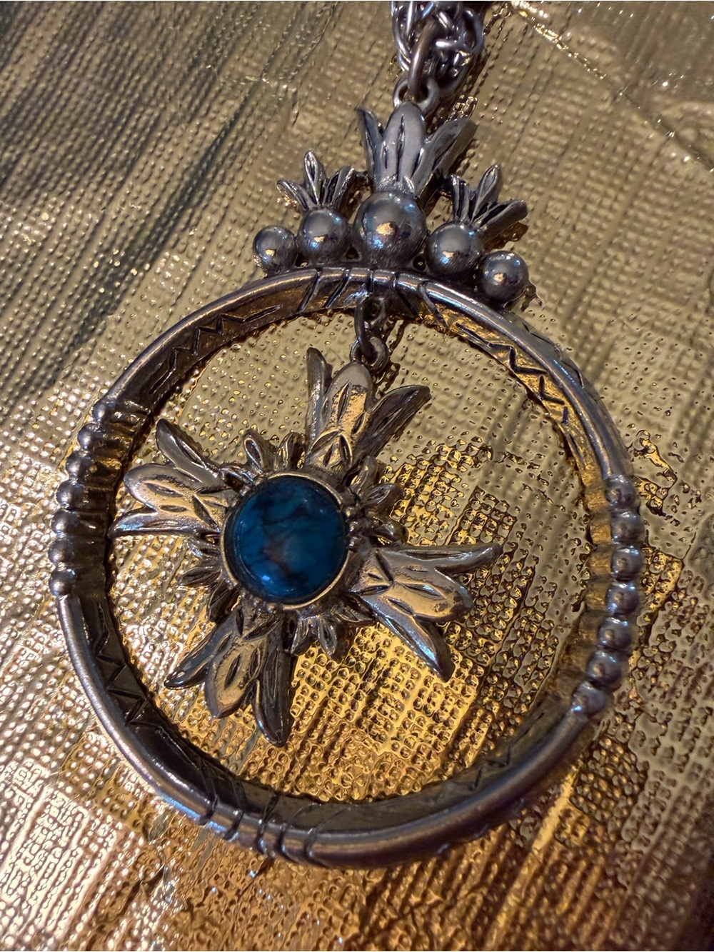 Silver Tone Pendant Necklace with Blue Cabochon Accent
